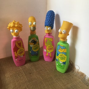 Vintage SIMPSON Family Bubble Bath Figural Plastic Bottles In The Shape Of Homer, Marge, Bart, and Lisa All Still Sealed & Unused From 1990