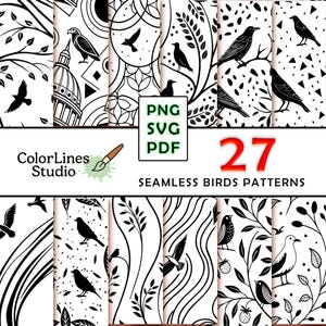 May include: A collection of 27 seamless bird patterns in black and white. The designs feature birds, branches, leaves, and geometric shapes. The image includes the text "ColorLines Studio" and "27 Seamless Birds Patterns".