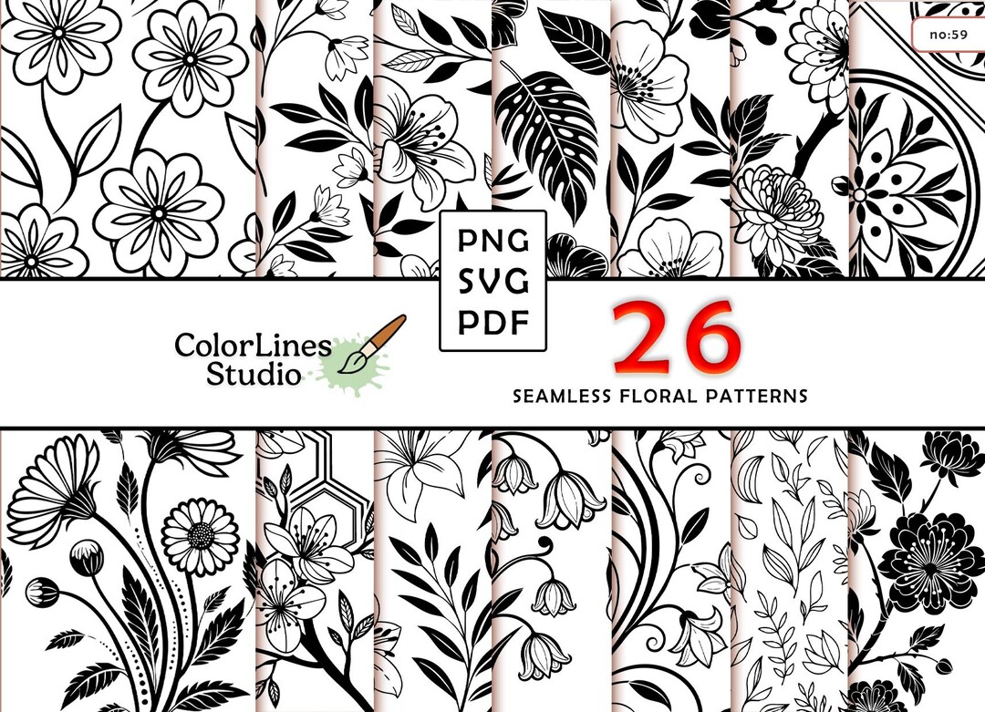 26 Seamless Floral Patterns | Line Art Flowers | Black and White | PNG ...