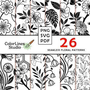 May include: A selection of 26 black and white seamless floral patterns. The designs showcase diverse flowers and leaves. The image includes the text "PNG SVG PDF" and "26 SEAMLESS FLORAL PATTERNS". The ColorLines Studio logo is also visible.