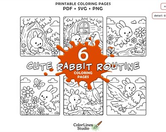 Cute Bunny Bird Adventures – 6 Printable Coloring Pages for Kids | PDF SVG PNG Download