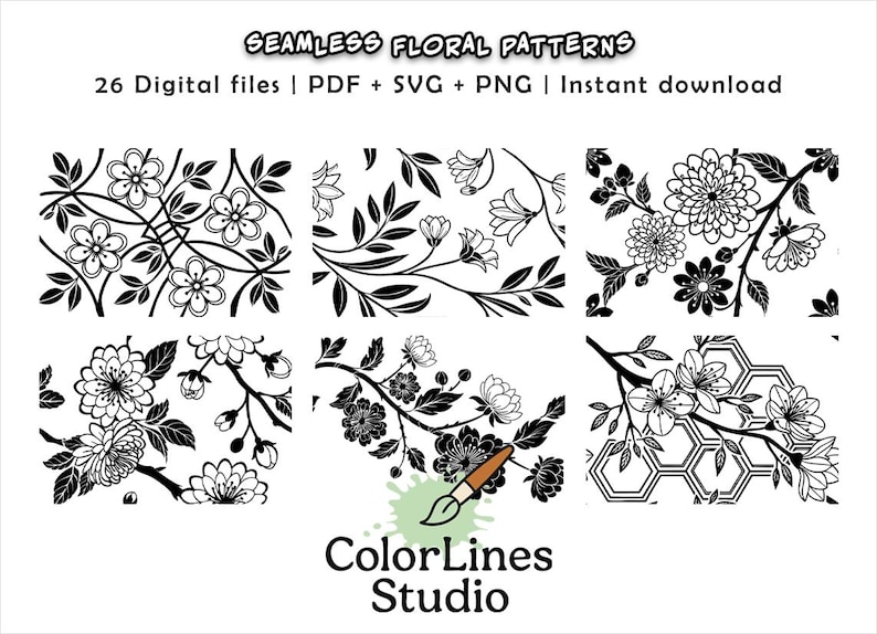 26 Seamless Floral Patterns | Line Art Flowers | Black and White | PNG ...