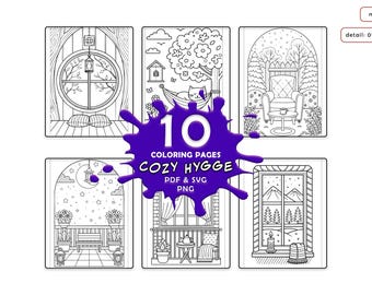 Cozy Spaces Coloring Pages | Hygge Home Winter Cafe & Coffee Nook | Digital PDF SVG for Adult Coloring Book Fun