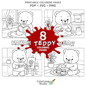 Kawaii Bear Coloring Pages, 8 Cute Printable Sheets for Kids | Daily Routine Activities | PDF SVG PNG Digital Download