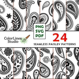 May include: A collection of 24 seamless paisley patterns in black and white. The patterns feature intricate floral and teardrop designs. The image includes the text "PNG SVG PDF" and "24 SEAMLESS PAISLEY PATTERNS". The ColorLines Studio logo is also visible.