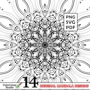 May include: Detailed black and white mandala design with complex patterns. The image includes the text "PNG SVG PDF" and "14 ORIGINAL MANDALA DESIGNS". The design is from ColorLines Studio, and is labeled no:65.