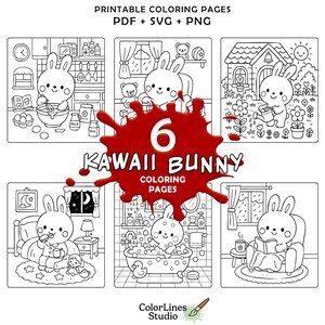 May include: Six black and white coloring pages featuring a cute bunny rabbit in different activities. The pages are titled "6 Kawaii Bunny Coloring Pages".