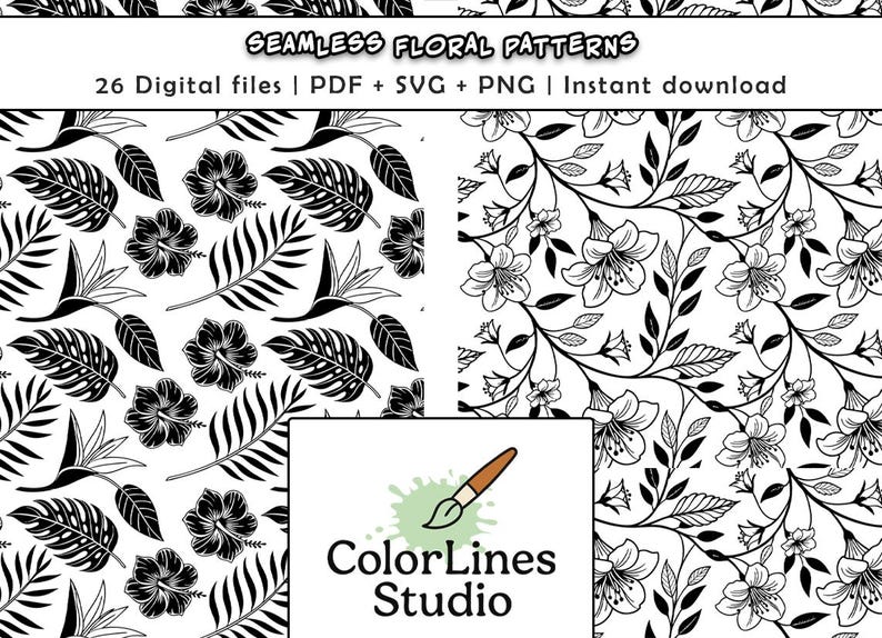 26 Seamless Floral Patterns | Line Art Flowers | Black and White | PNG ...