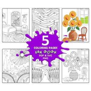 May include: Five black and white colouring pages featuring scenes from the artwork of Vincent Van Gogh. The pages include a bedroom, a starry night sky, a field of wheat, and a vase of sunflowers.