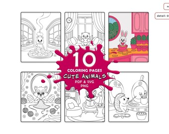 May include: Ten black and white colouring pages featuring cute animals. The animals include a raccoon knitting, a cat reading a book, a hedgehog painting, a bunny baking, and a bear making cookies. The text "10 Coloring Pages Cute Animals PDF & SVG PNG" is in a pink splatter.