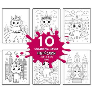 Kawaii Unicorn Coloring Pages Bundle | Cute Fantasy Princess Castle Beach Forest | Printable PDF SVG PNG | Digital Download