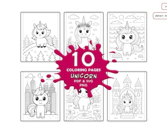Paquete de páginas para colorear de unicornios kawaii / Lindo castillo de princesa de fantasía en la playa y el bosque / PDF imprimible SVG PNG / Descarga digital
