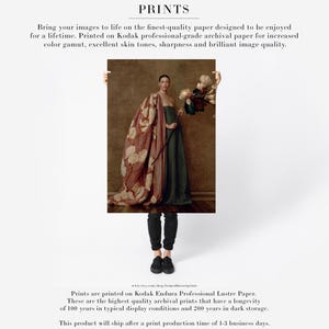 Product information graphic showing Maren as a large archival fine art paper print featuring a pregnant woman, magnolia flowers, green dress, and rose textile.