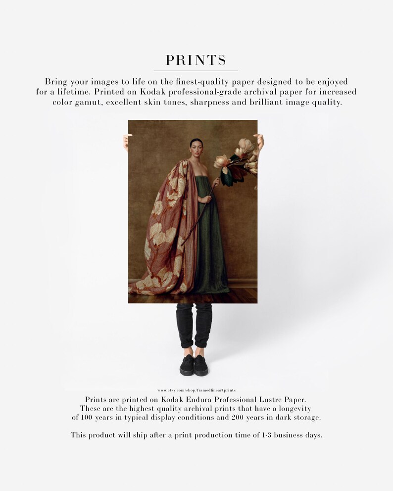 Product information graphic showing Maren as a large archival fine art paper print featuring a pregnant woman, magnolia flowers, green dress, and rose textile.