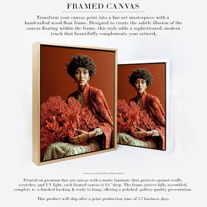 Kavya coral portrait shown as framed canvas wall art in natural float frame