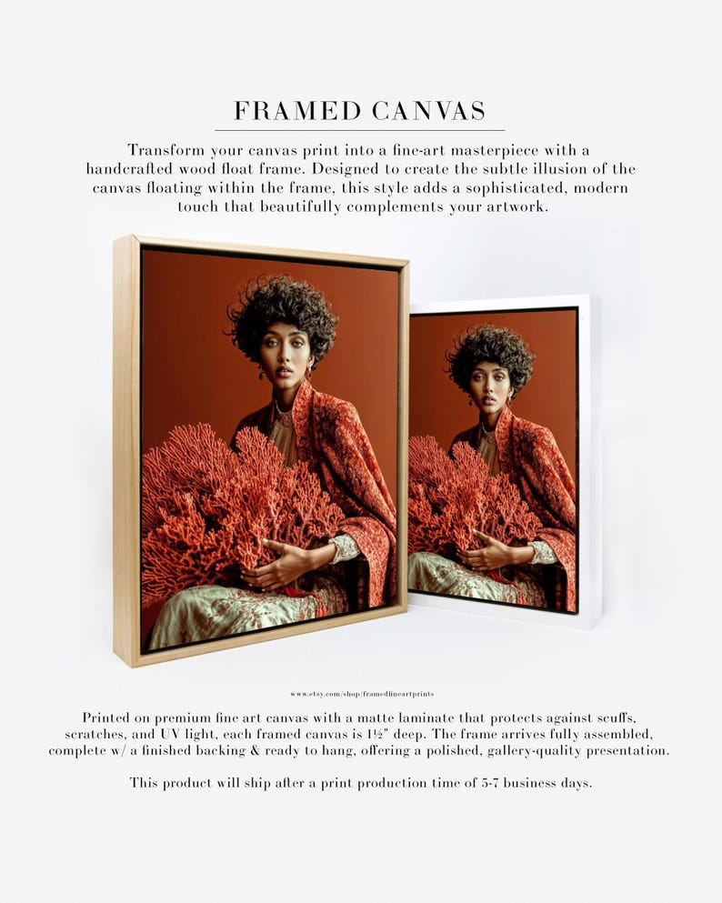 Kavya coral portrait shown as framed canvas wall art in natural float frame