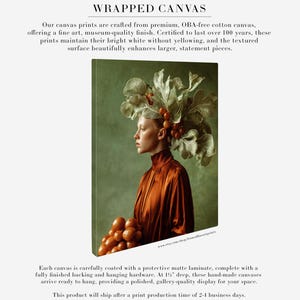 Rowan | Botanical Portrait Print, Leaf Crown Woman, Rust Green Large Statement Wall Art Wrapped Canvas
