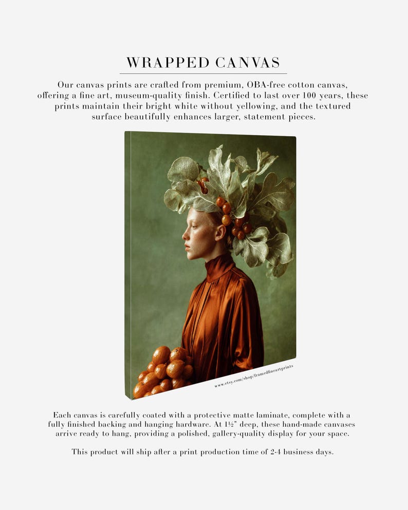 Rowan | Botanical Portrait Print, Leaf Crown Woman, Rust Green Large Statement Wall Art Wrapped Canvas