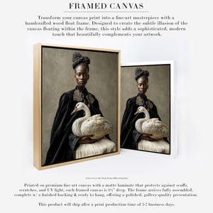 Vaelora woman-with-swan portrait shown as framed canvas art in natural wood and white float frame options.