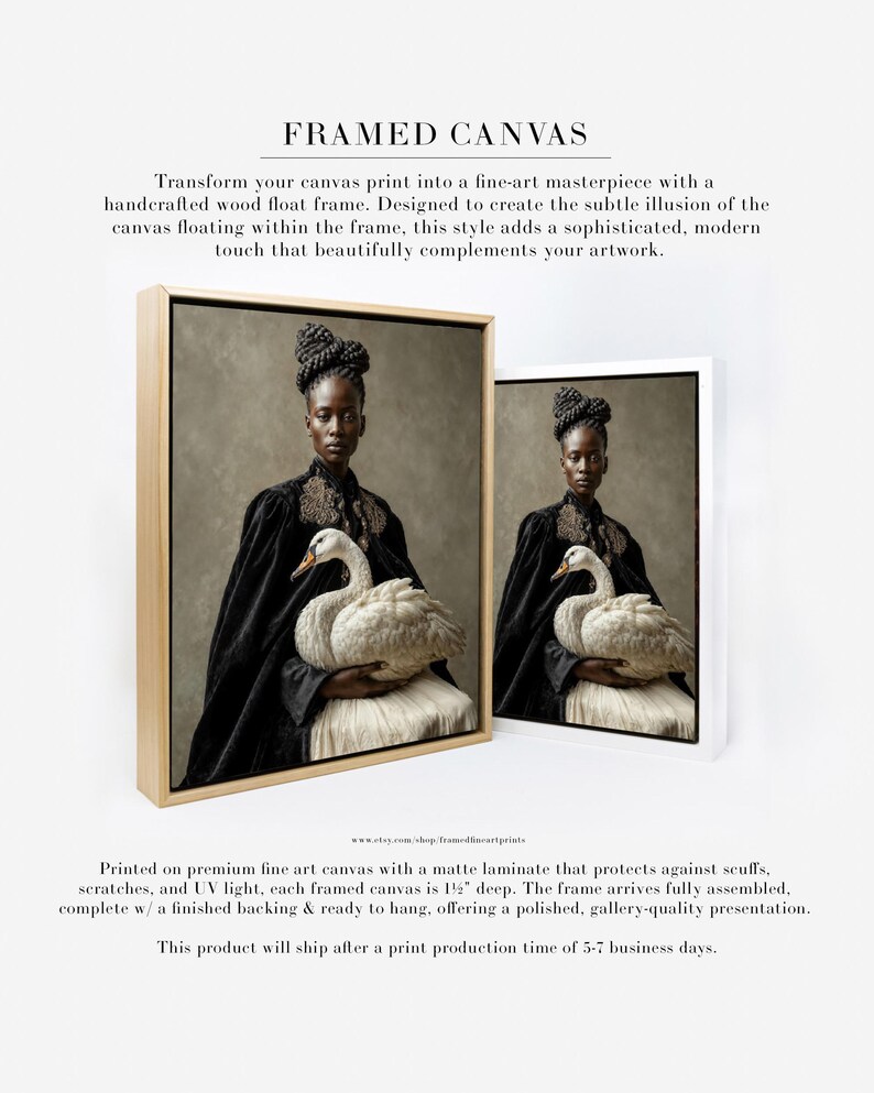 Vaelora woman-with-swan portrait shown as framed canvas art in natural wood and white float frame options.