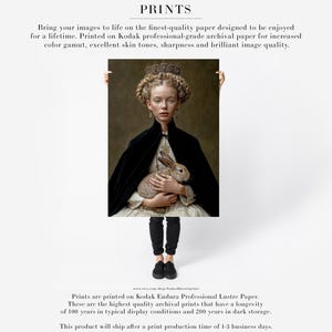 Eira rabbit portrait shown as fine art paper print, archival wall art with classical portrait styling