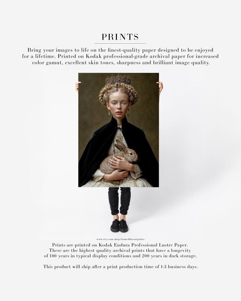 Eira rabbit portrait shown as fine art paper print, archival wall art with classical portrait styling