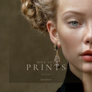 Close detail of Eira fine art print showing blue eye, freckles, braided hair, jeweled earring, and black collar