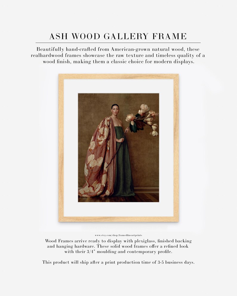 Product information graphic showing Maren as a matted gallery print in a light natural ash wood frame.