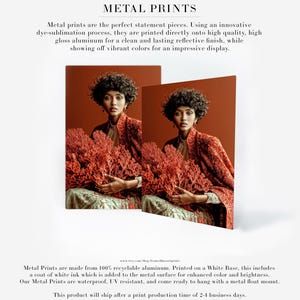 Kavya coral portrait shown as metal print wall art with rich terracotta and red tones