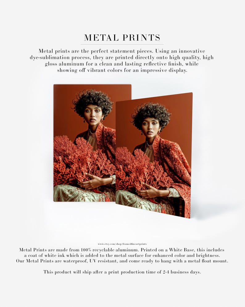 Kavya coral portrait shown as metal print wall art with rich terracotta and red tones