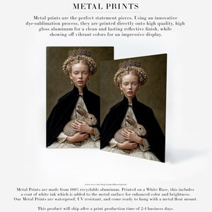 Eira crowned woman portrait with rabbit shown as metal print wall art with luminous finish