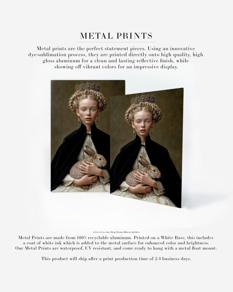 Eira crowned woman portrait with rabbit shown as metal print wall art with luminous finish