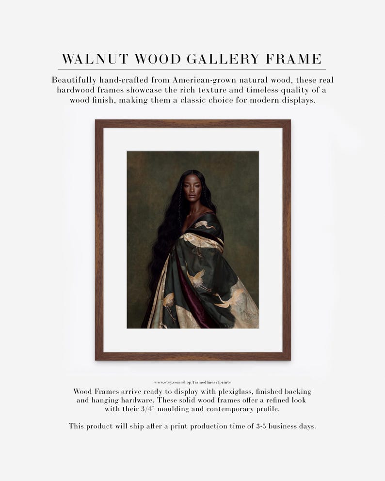 Zuri | Fine Art Portrait Print, Dark Skinned Woman Wall Art, Green Crane Artwork, Moody Figurative Art, Designer Wall Decor Walnut Wood w/ Matte