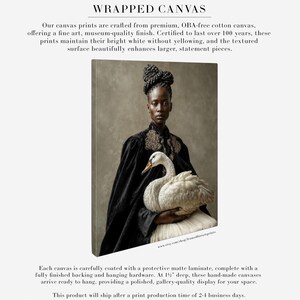 Vaelora portrait of a woman holding a white swan shown as a deep gallery-wrapped canvas with finished edges.