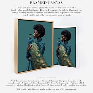 Puede incluir: Impresi&oacute;n art&iacute;stica en lienzo enmarcada que muestra a una mujer con un vestido verde azulado sosteniendo un pavo real. La obra de arte se muestra en un marco flotante de madera artesanal y un marco blanco. El texto "FRAMED CANVAS" est&aacute; arriba.