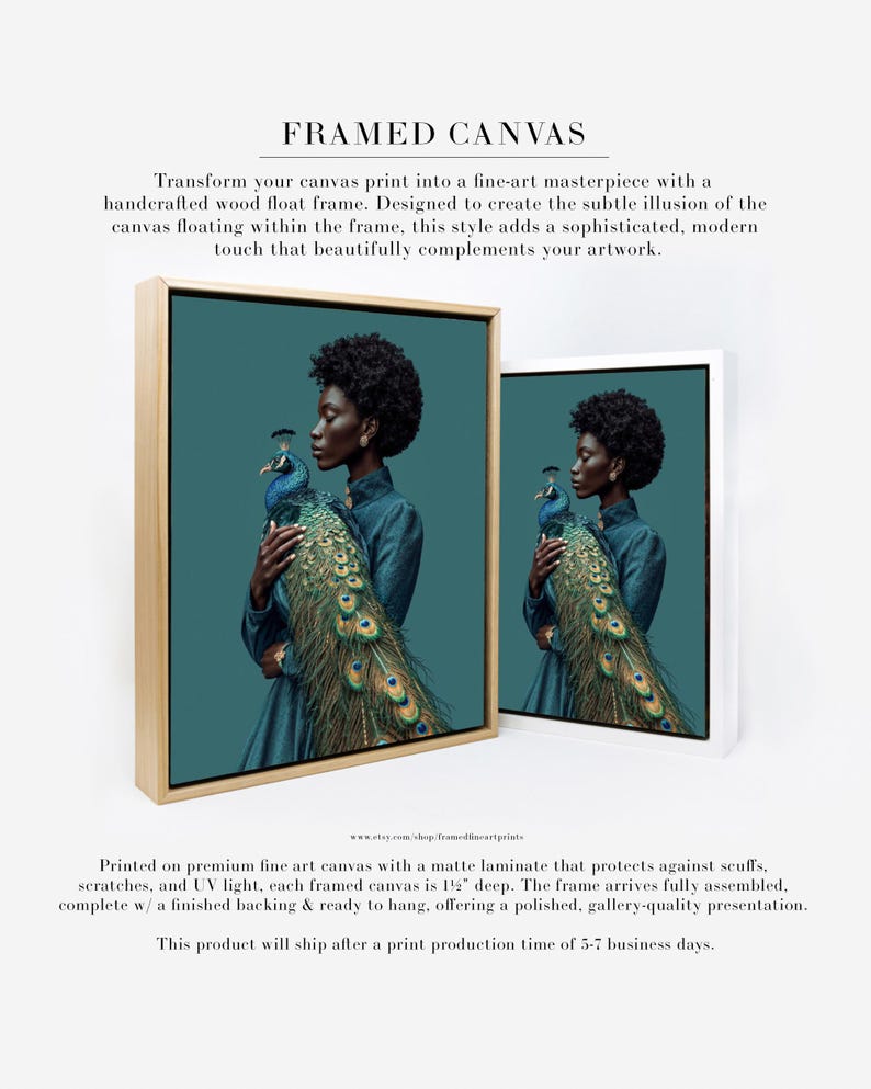 Puede incluir: Impresi&oacute;n art&iacute;stica en lienzo enmarcada que muestra a una mujer con un vestido verde azulado sosteniendo un pavo real. La obra de arte se muestra en un marco flotante de madera artesanal y un marco blanco. El texto "FRAMED CANVAS" est&aacute; arriba.