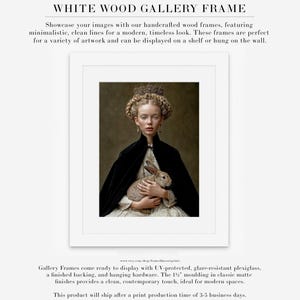 Eira fairytale portrait displayed in white wood gallery frame with mat, museum style portrait wall art