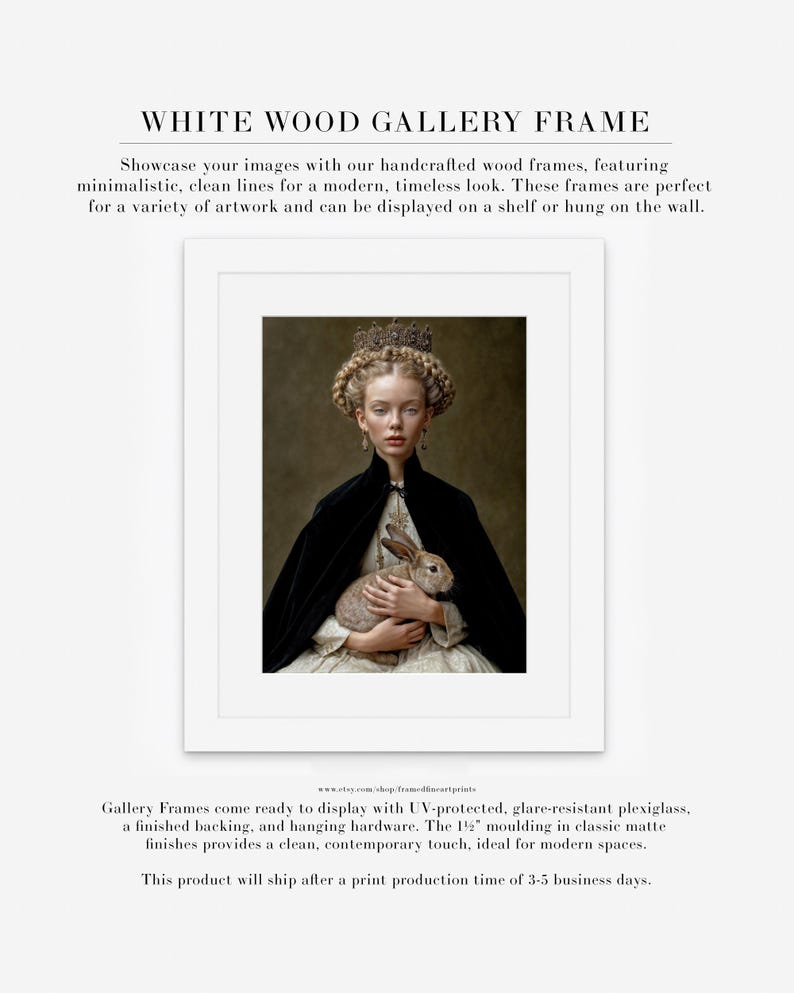 Eira fairytale portrait displayed in white wood gallery frame with mat, museum style portrait wall art