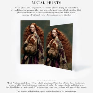 Cressida contemporary red-haired woman portrait shown as a sleek metal print with saturated green, copper, plum and gold coloring.