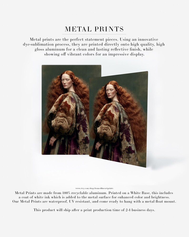 Cressida contemporary red-haired woman portrait shown as a sleek metal print with saturated green, copper, plum and gold coloring.