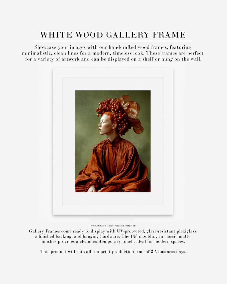 surreal female portrait wall art displayed in white wood gallery frame