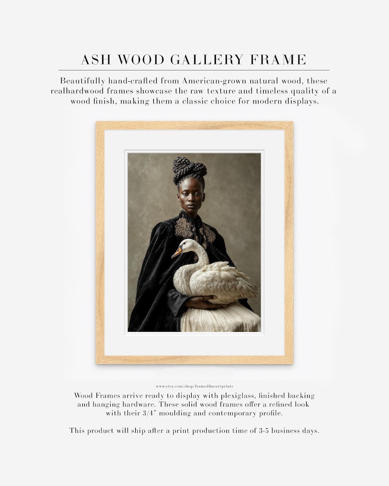 Vaelora woman-with-swan fine art portrait displayed in a natural ash wood gallery frame with a wide white mat.