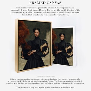 Peut inclure: Deux impressions sur toile encadr&eacute;es rectangulaires repr&eacute;sentant le portrait d'une personne v&ecirc;tue d'un v&ecirc;tement noir &agrave; col montant et manches volumineuses, tenant un petit objet d&eacute;gageant une fum&eacute;e brun-rouge. Cadres en bois clair et blanc, 3,8 cm.