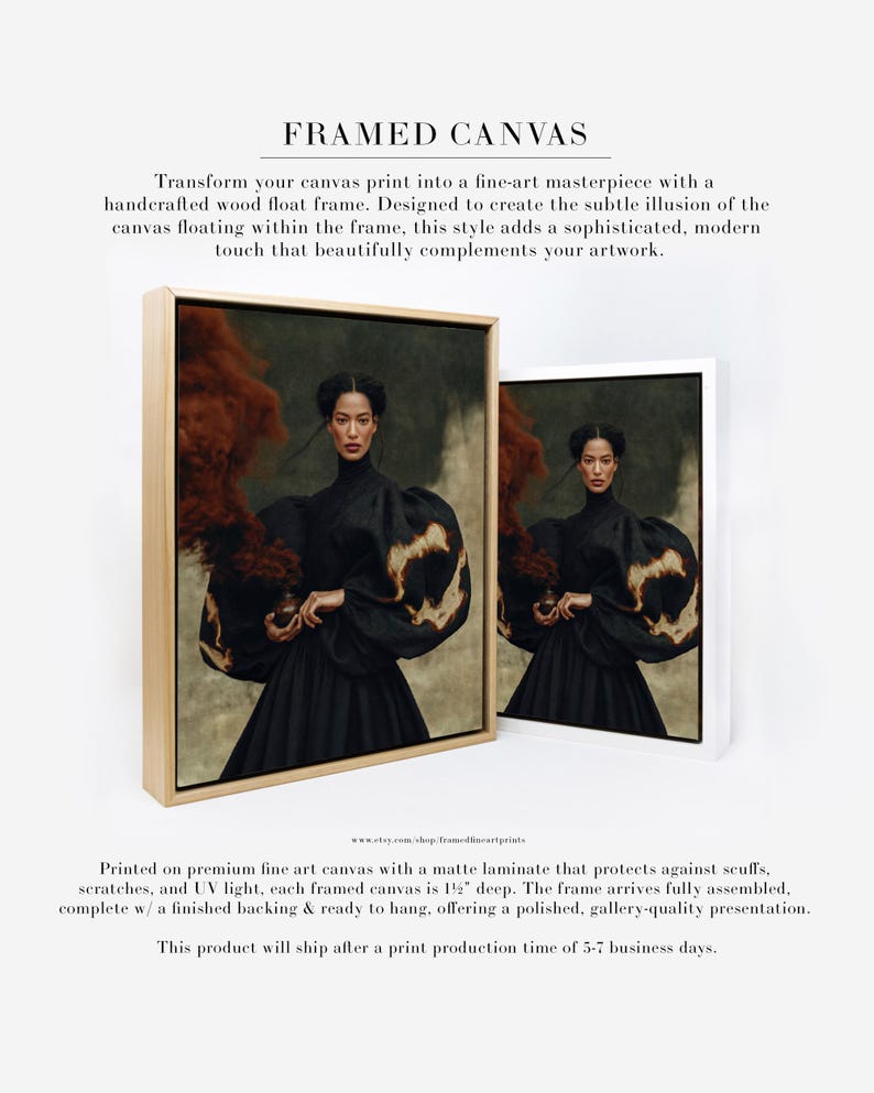 Peut inclure: Deux impressions sur toile encadr&eacute;es rectangulaires repr&eacute;sentant le portrait d'une personne v&ecirc;tue d'un v&ecirc;tement noir &agrave; col montant et manches volumineuses, tenant un petit objet d&eacute;gageant une fum&eacute;e brun-rouge. Cadres en bois clair et blanc, 3,8 cm.