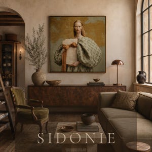 Large framed Sidonie portrait above a burled wood credenza in a warm European-inspired living room with plaster walls, olive velvet, stone, wood, and brass accents.