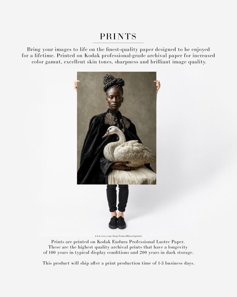 Vaelora woman-with-swan portrait shown as a large unframed archival paper print held by a person for scale.