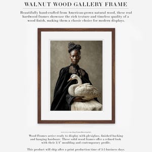 Vaelora portrait of a woman holding a white swan displayed in a walnut wood gallery frame with white matting.