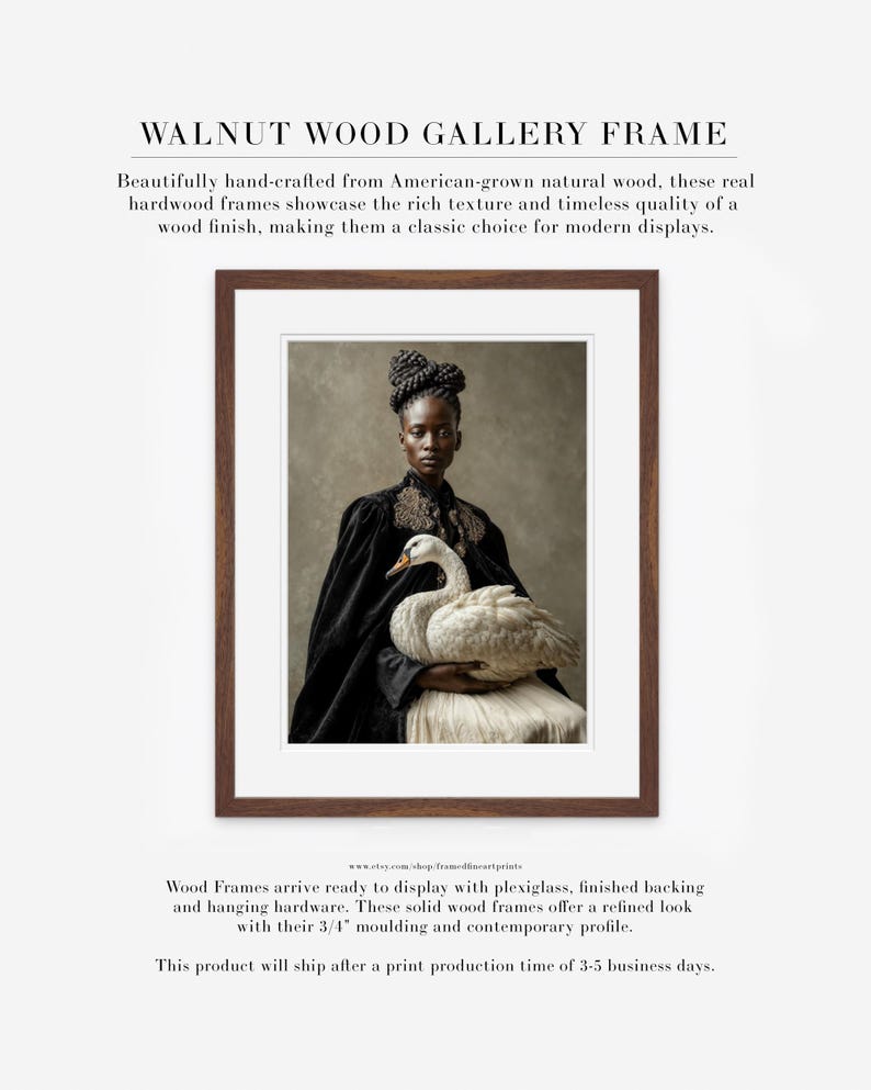 Vaelora portrait of a woman holding a white swan displayed in a walnut wood gallery frame with white matting.