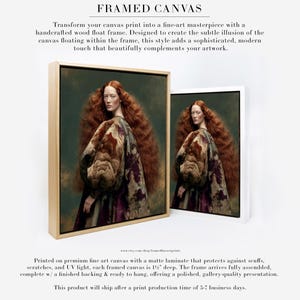 Cressida fine art portrait of a red-haired woman in a richly patterned floral garment, shown as a natural wood framed canvas print.