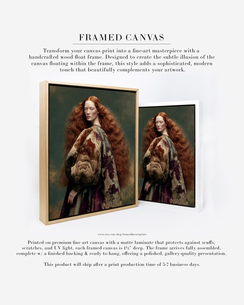 Cressida fine art portrait of a red-haired woman in a richly patterned floral garment, shown as a natural wood framed canvas print.